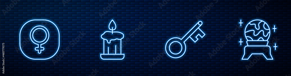 设定线老钥匙、金星、燃烧的蜡烛和魔法球。砖墙上闪闪发光的霓虹灯图标。矢量
