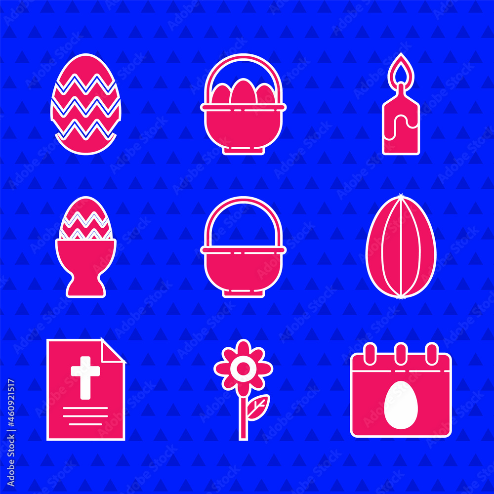 套装篮子，鲜花，带复活节彩蛋的日历，贺卡快乐，在支架上，燃烧的蜡烛和图标