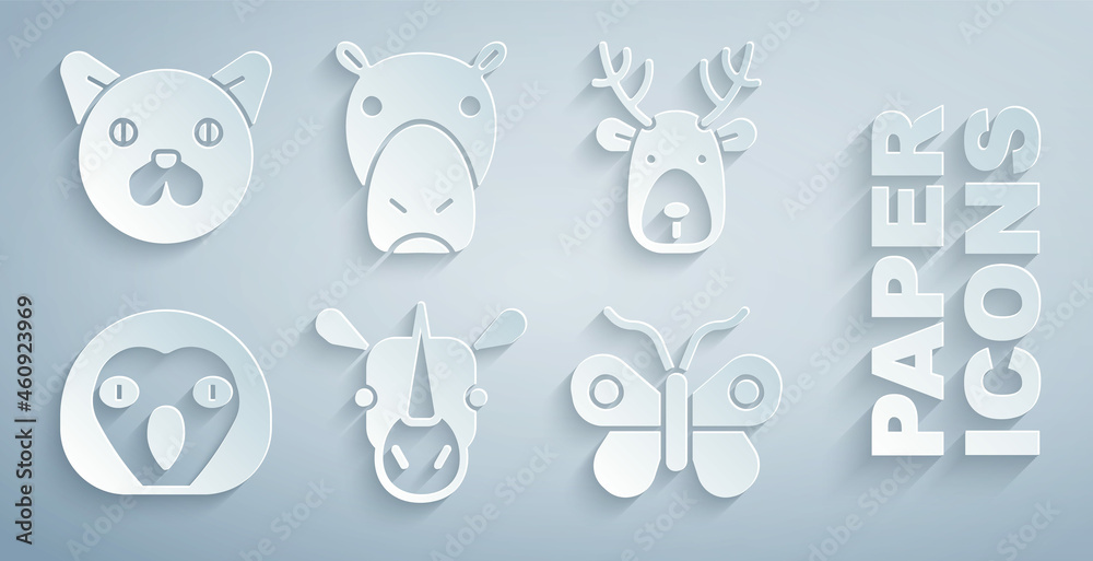 Set Rhinoceros, Deer head with antlers, Owl bird, Butterfly, Hippo or Hippopotamus and Cat icon. Vec