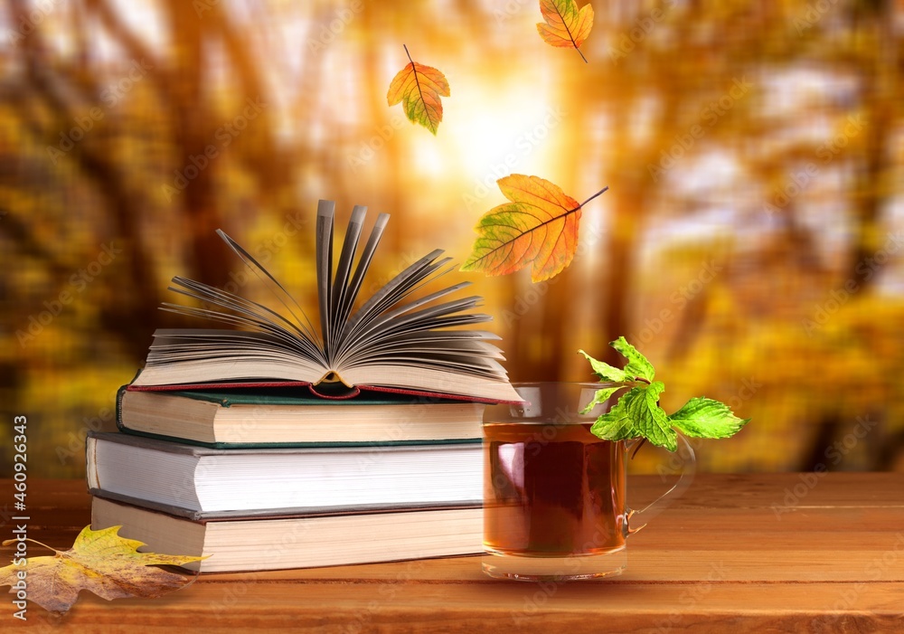 Books for reading on the desk and autumn background
