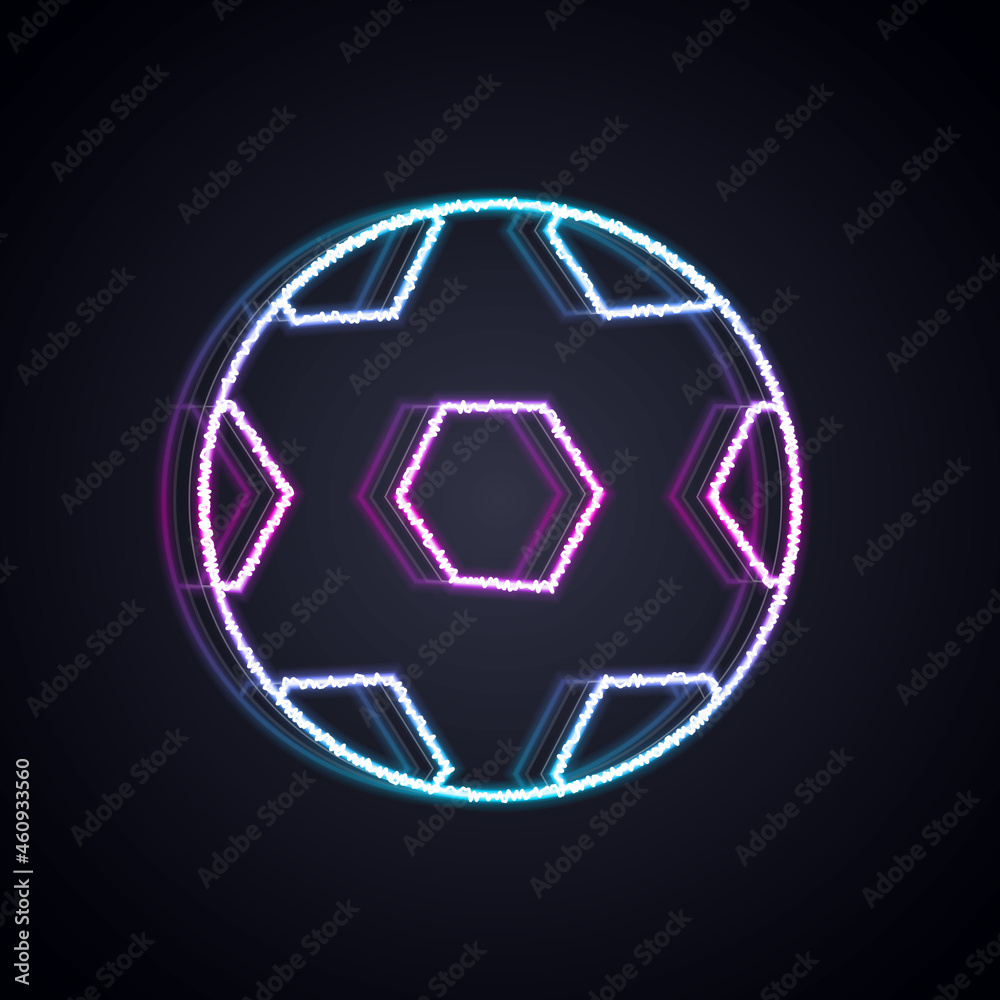 夜光霓虹线足球图标隔离在黑色背景上。运动装备。矢量
