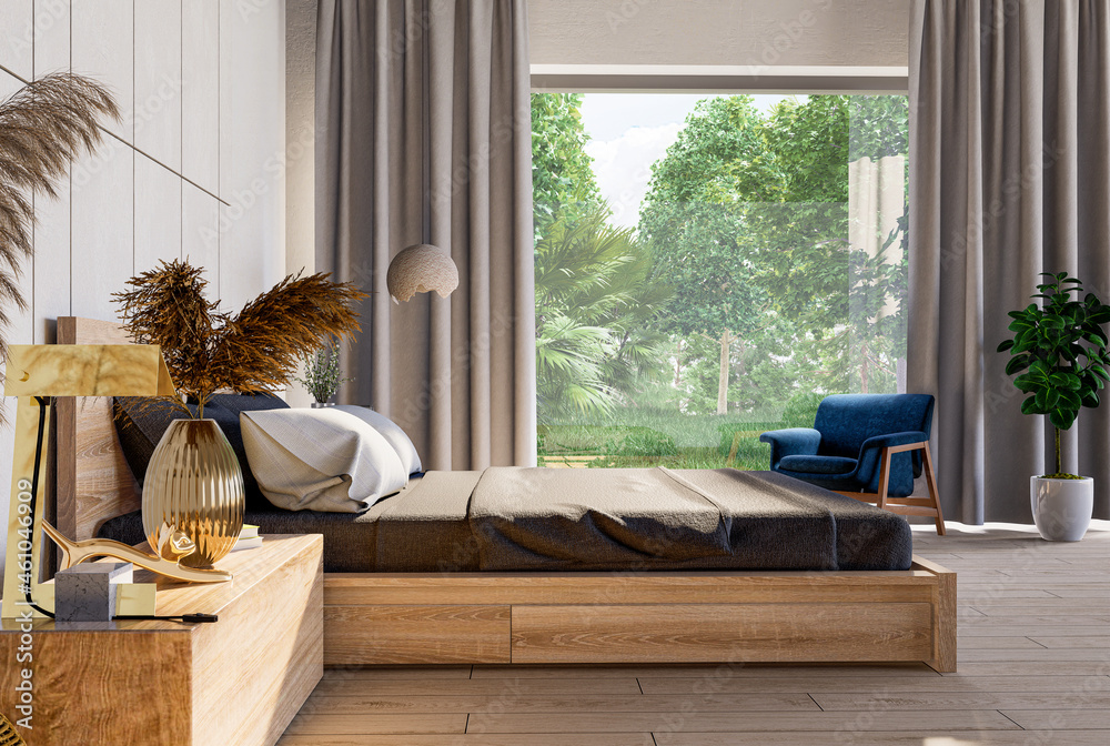 农舍风格的卧室内部和生活区自然模型。