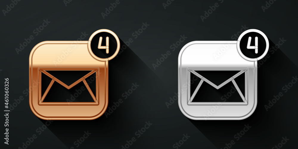 金银信封图标隔离在黑色背景上。收到消息概念。新增，电子邮件公司