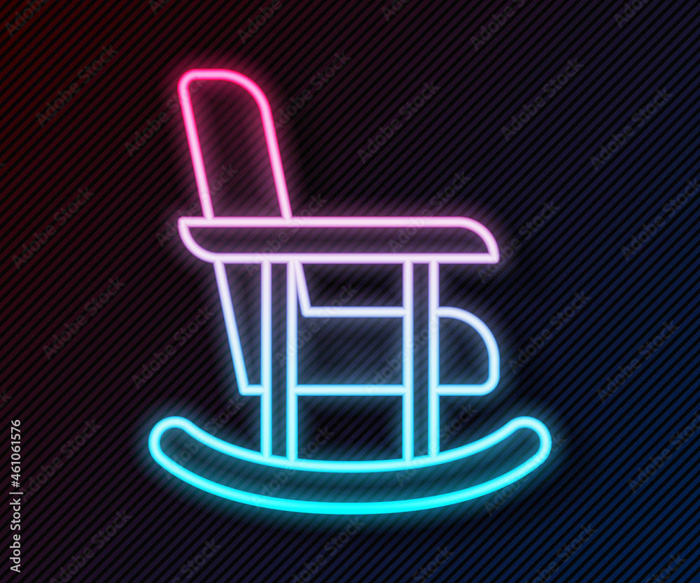 闪烁的霓虹灯线条，黑色背景上的摇椅图标。矢量