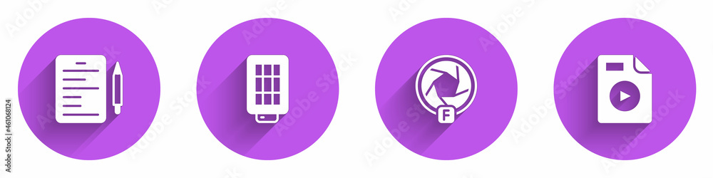 Set Scenario, Softbox light, Camera shutter and AVI file document icon with long shadow. Vector