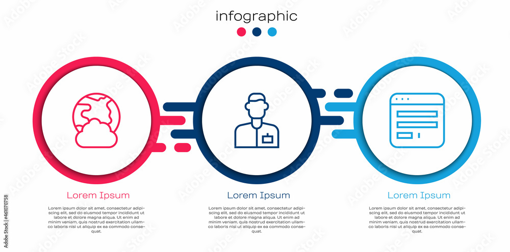 Set line Social network, Analyst engineer and Browser window. Business infographic template. Vector