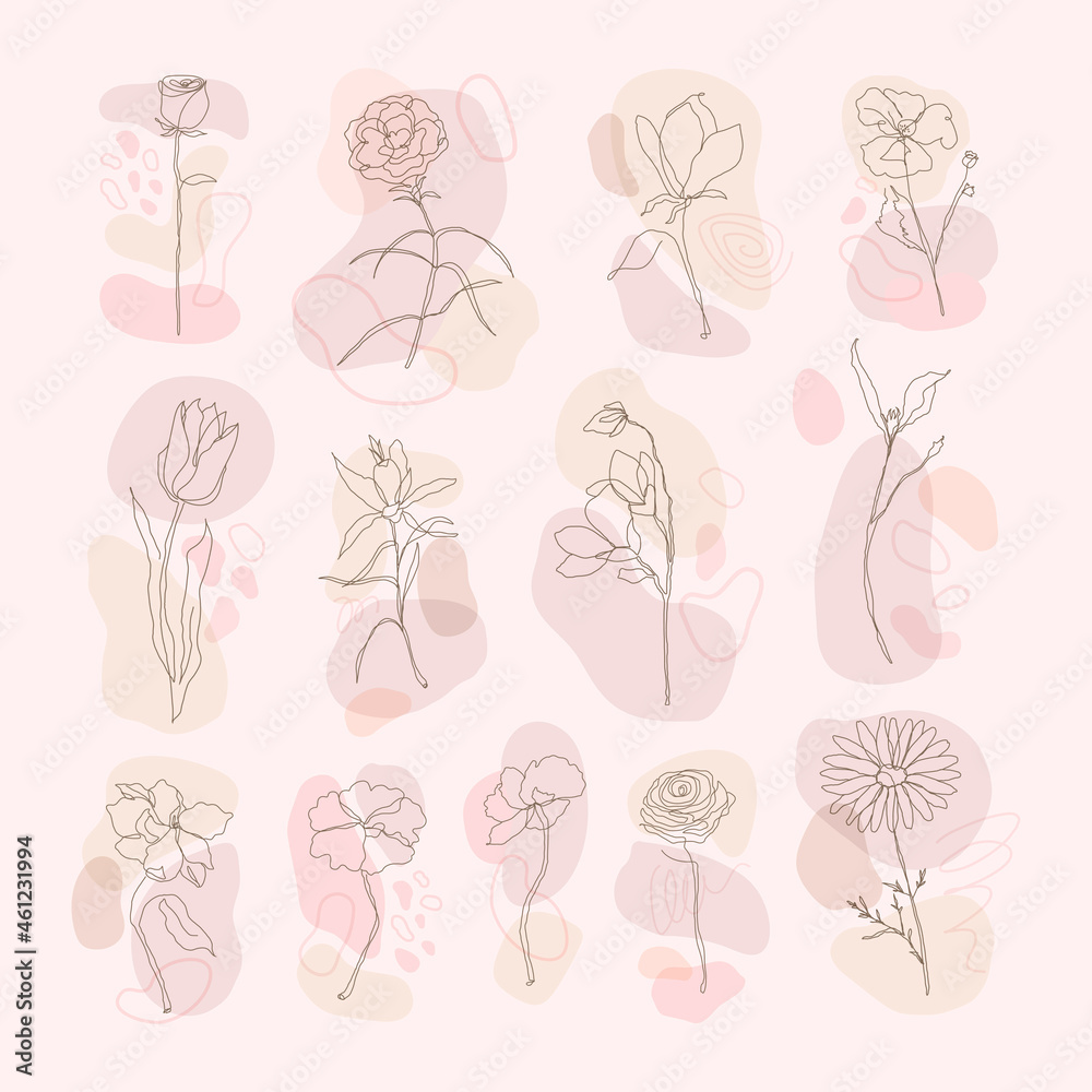 粉色memphis设计的花朵手绘矢量集单线艺术