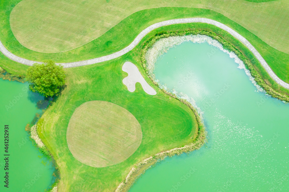 Aerial view of beautiful green golf course.