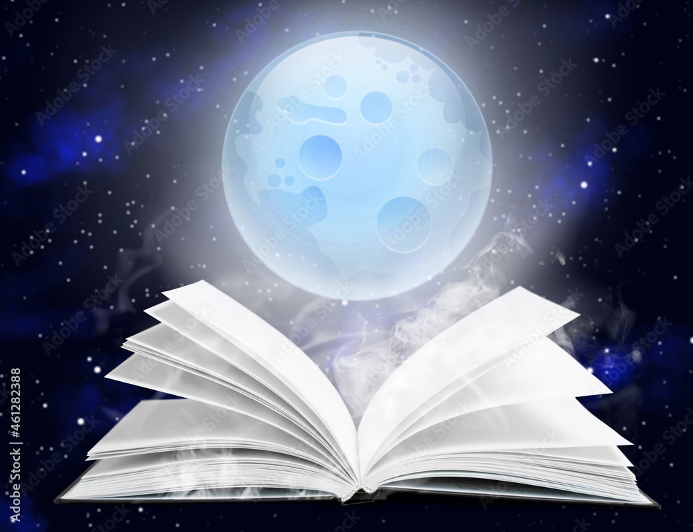 旧书打开页面上方的满月；占星术，黄道十二宫，深奥的背景概念