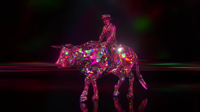 Diamond collection. Cowboy riding a bull. Nature and animals concept. 3D animation seamless loop. Lowpoly.
