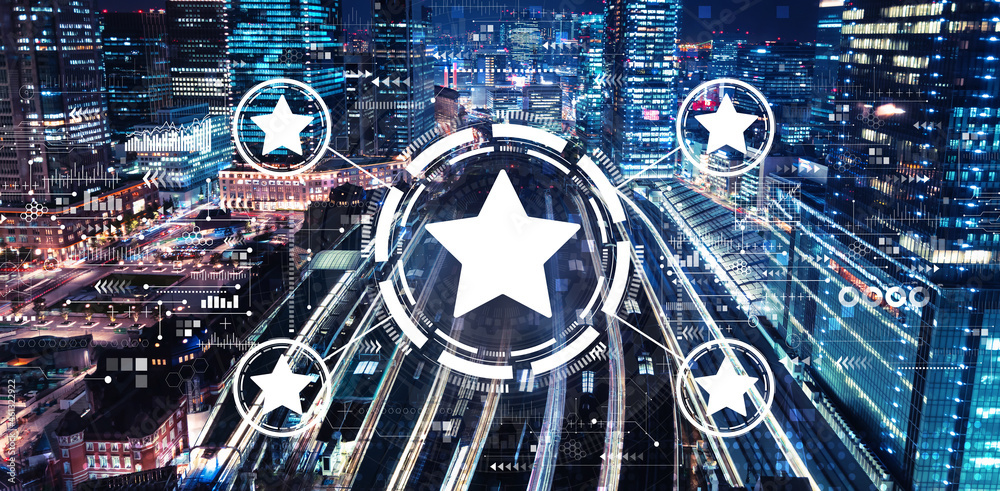 Rating star concept with aerial view of a large train station