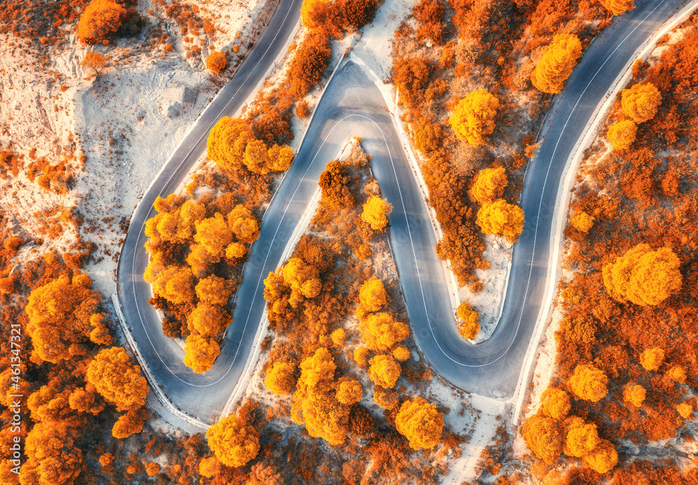 秋天日落时美丽的红色森林中蜿蜒的道路鸟瞰图。i山路俯视图