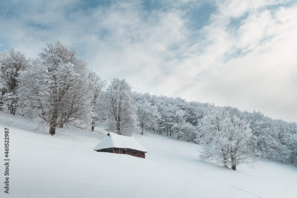 梦幻般的冬季景观，在白雪皑皑的森林中有木屋。喀尔巴阡山脉的舒适房子。Ch