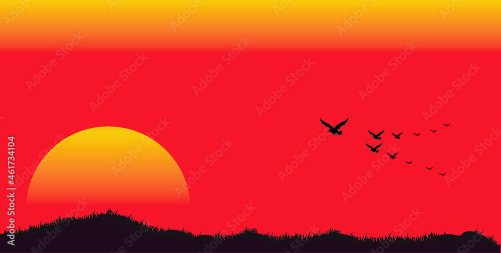 Safari。在美丽的日落背景上，鸟儿在天空中飞翔。迷人的风景。日落和