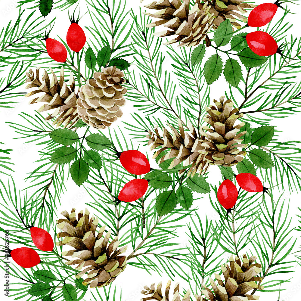 水彩无缝图案，带有冷杉树枝、松果和野生玫瑰的红色浆果，圣诞树是