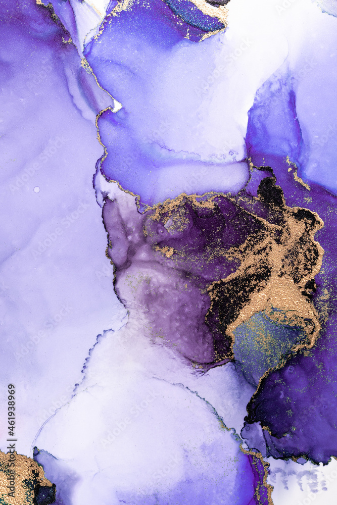 纸上大理石液体水墨艺术画的紫金抽象背景。原始艺术作品的图像