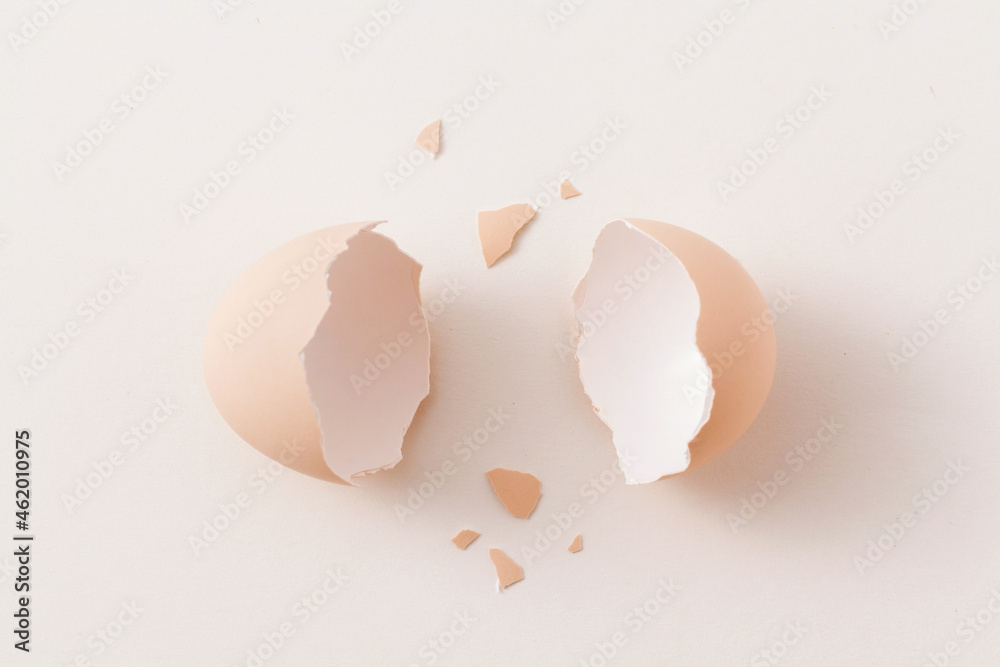 白色背景下的碎蛋壳俯视图。