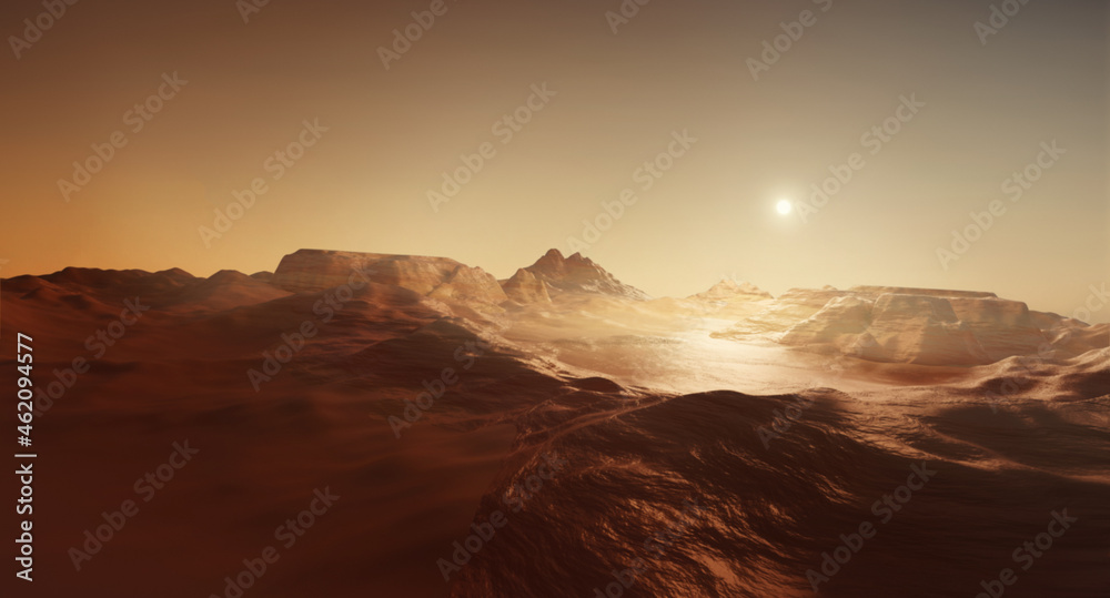 火星探索3D插图，一幅史诗般的马里景观。