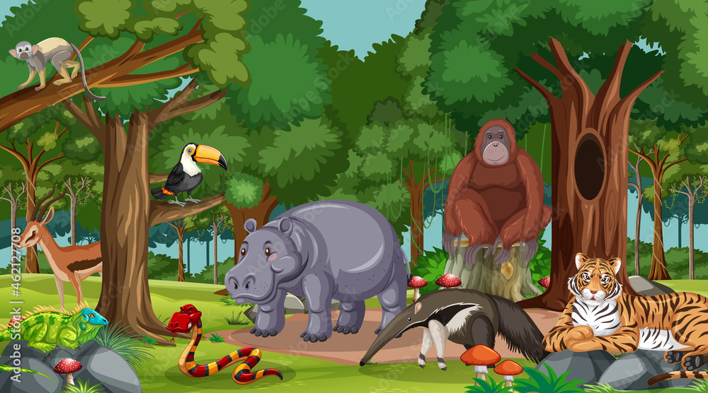 Wild animals in forest or rainforest scene with many trees