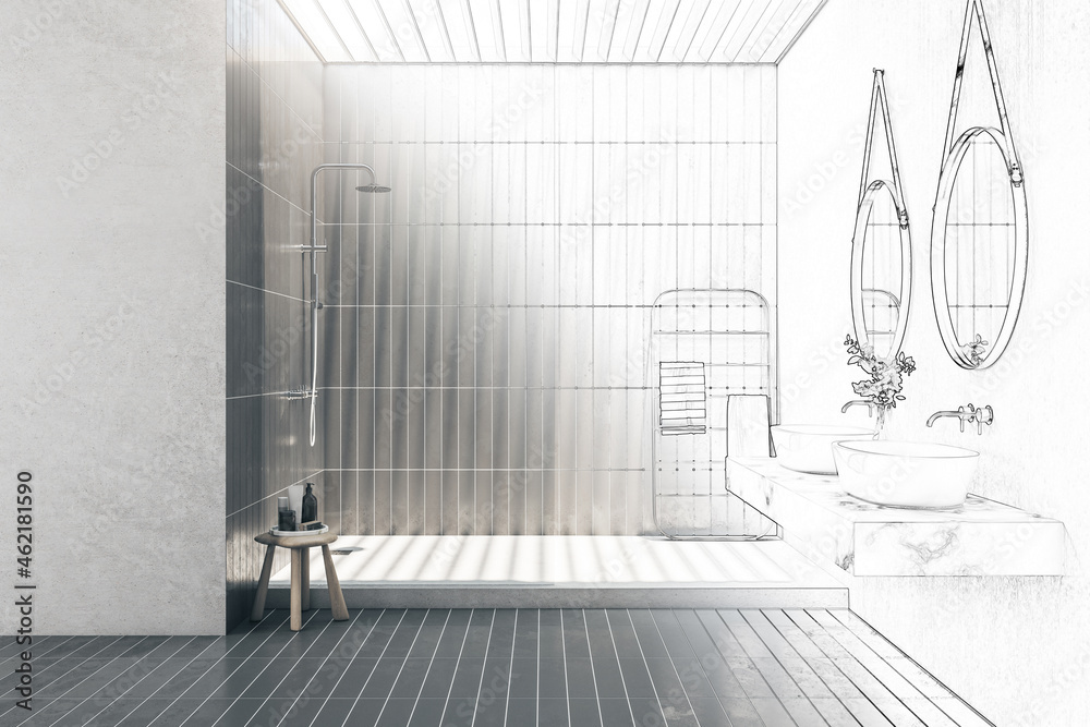 浴室内部的现代手绘草图，带有两个镜子、装饰植物、淋浴和其他i