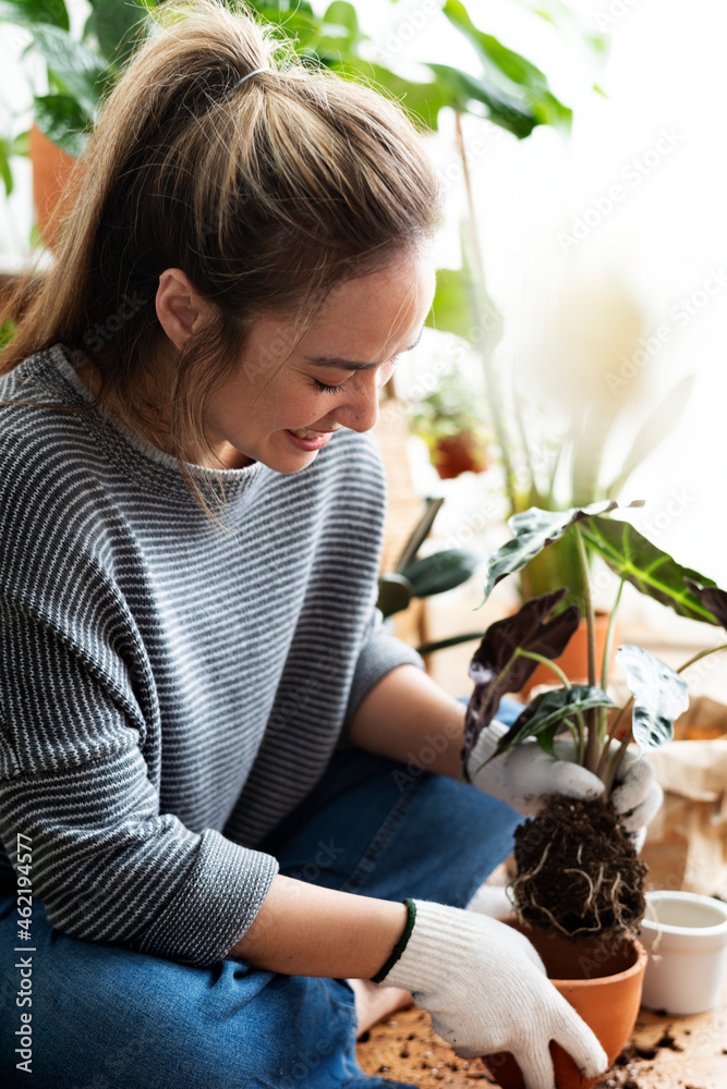Woman repotting a houseplant inside of her house