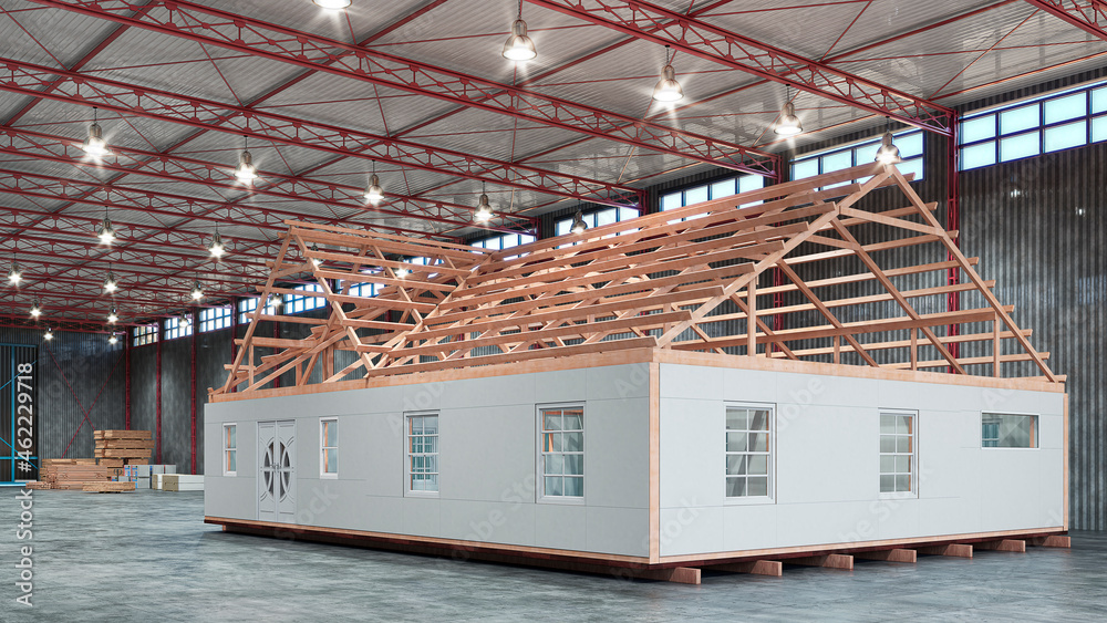 Workshop assembly of modular house, construction of a frame house of wood and panels.  3d illustrati