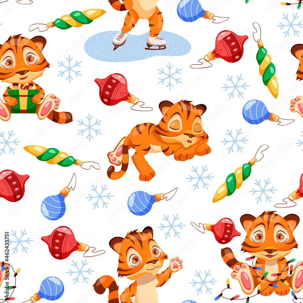 圣诞无缝图案，可爱的小老虎摆出不同的姿势。2022年新年的象征。