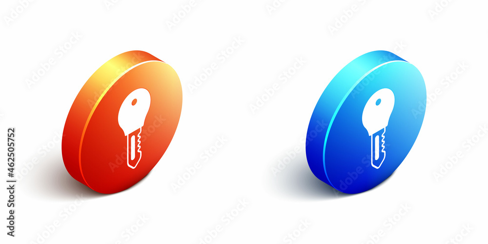 Isometric Hotel door lock key icon isolated on white background. Orange and blue circle button. Vect