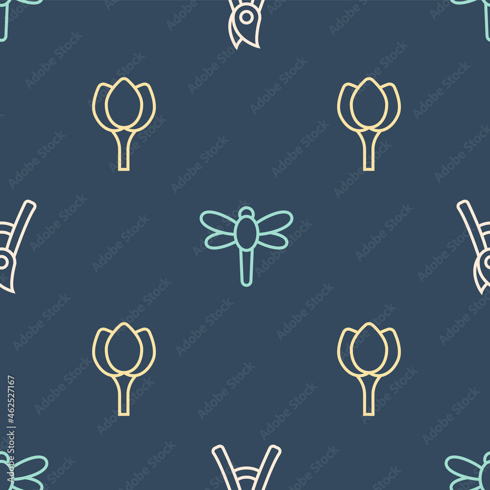 Set line Gardening handmade scissors, Flower tulip and Dragonfly on seamless pattern. Vector