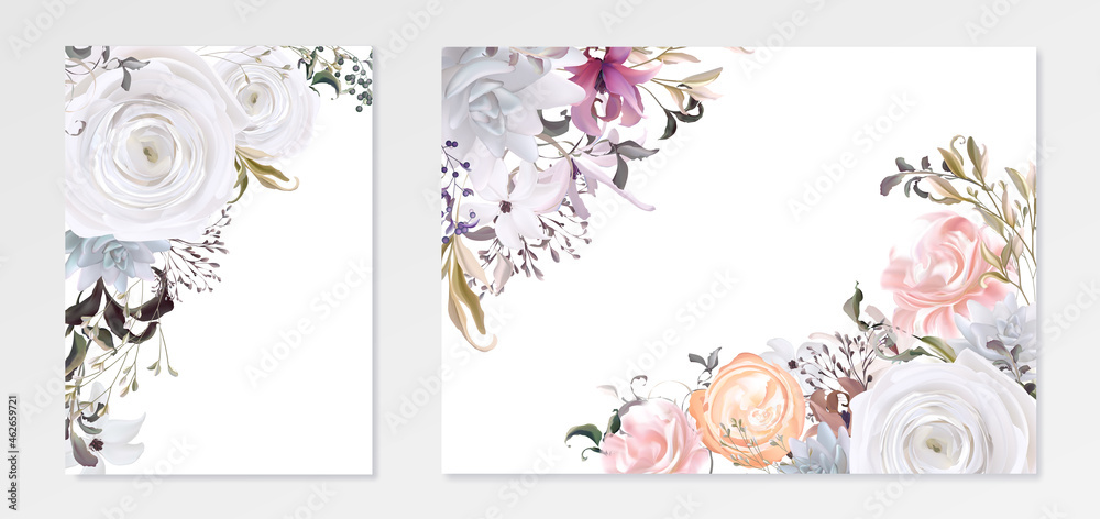 最小的婚礼邀请框架套装；花、树叶、水彩，独立于白色。草图花环