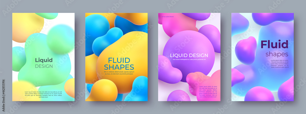 抽象海报，带有流动的3d球和水滴。变形的液体形状设计。现代绘画