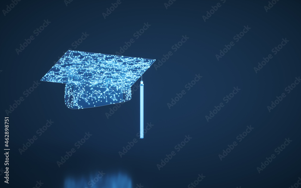 蓝色背景的毕业生帽，三维渲染。
