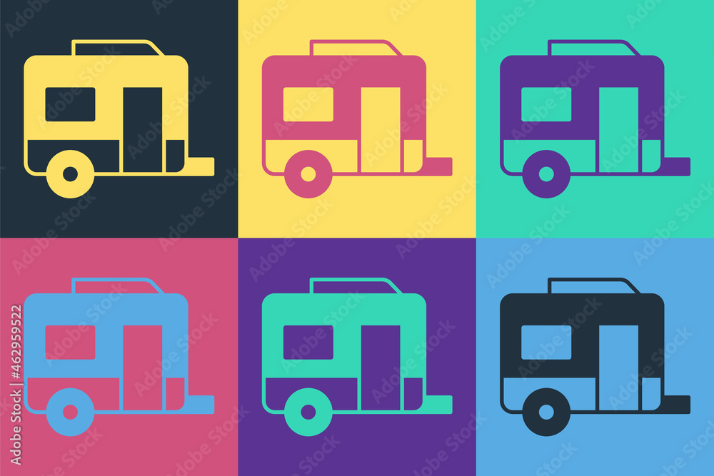 流行艺术Rv露营拖车图标隔离在彩色背景上。旅行移动房屋，房车，家庭营地