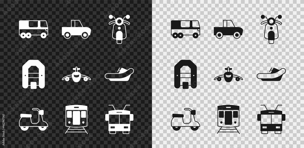 Set Bus, Pickup truck, Scooter, Train and railway, Trolleybus, Rafting boat and Plane icon. Vector