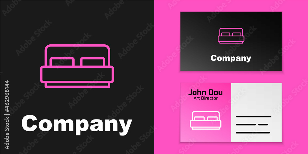 粉红色线条酒店客房床图标隔离在黑色背景上。标志设计模板元素。矢量