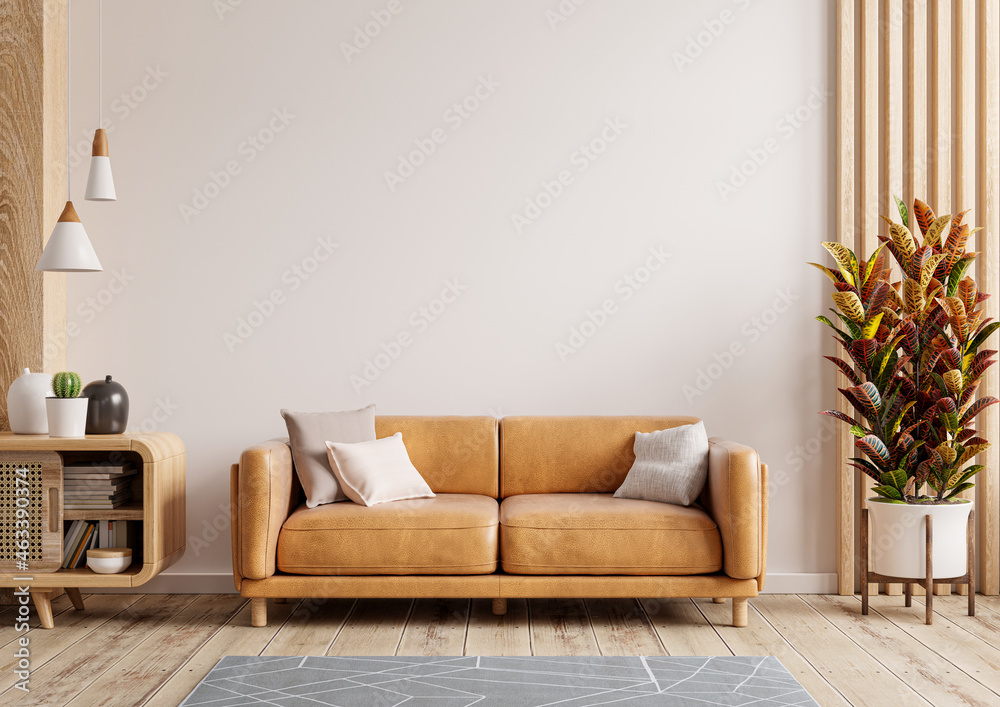 室内客厅墙壁模型，配有皮沙发和白色背景装饰。