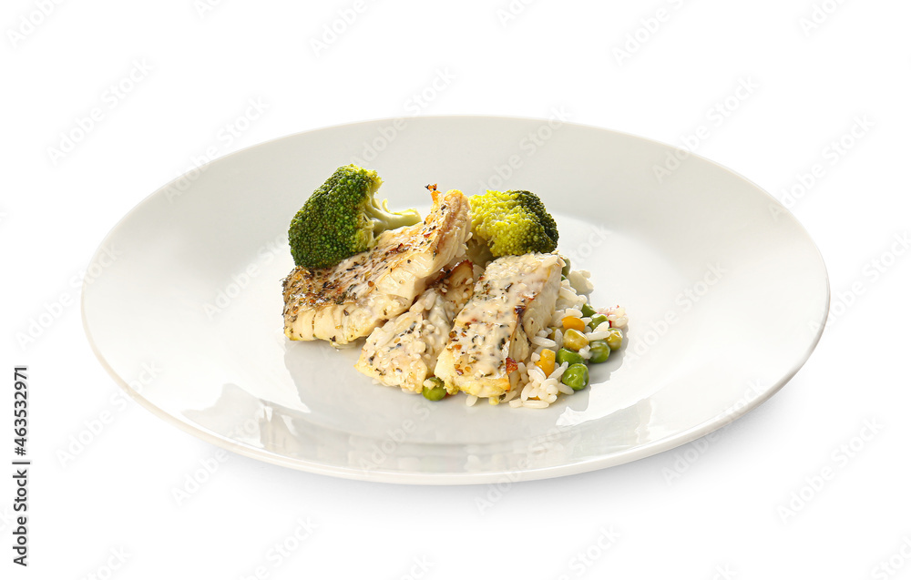 白底健康烤鳕鱼片、米饭和蔬菜