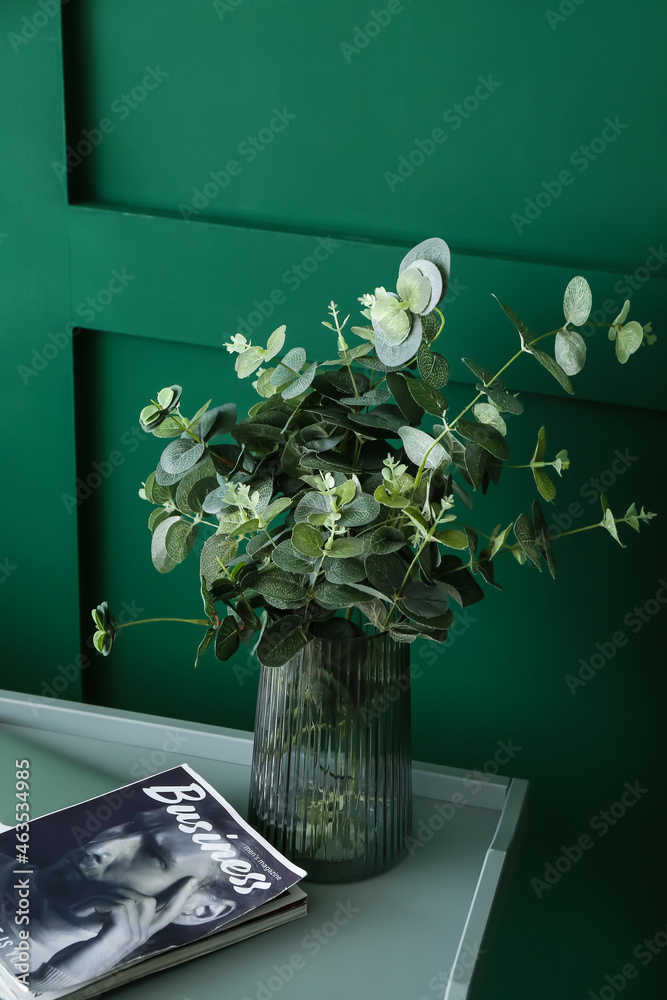 绿色墙壁附近桌子上有桉树的杂志和玻璃花瓶