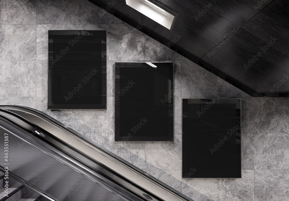 Three vertical billboards on underground wall Mockup. Hoardings advertising triptych on subway wall 