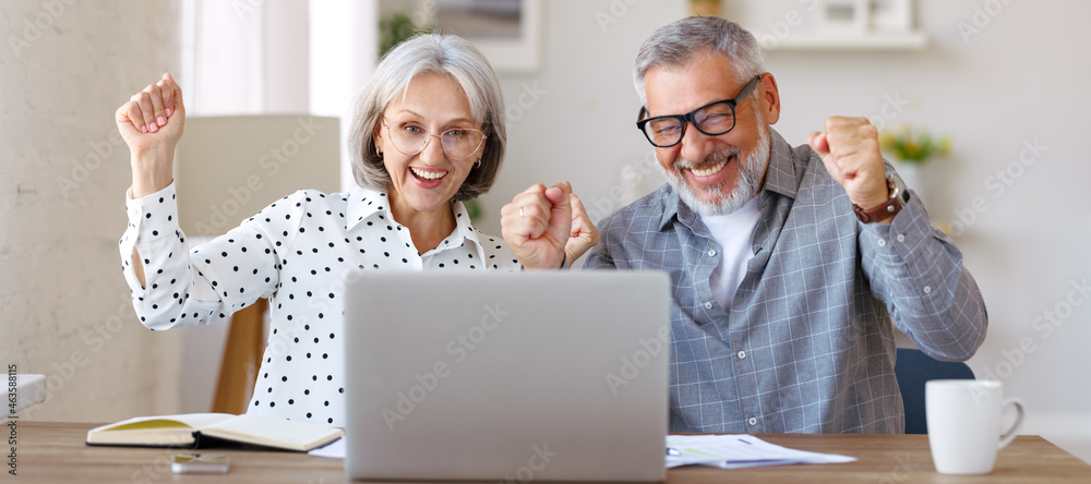 幸福的老年夫妇在家里打开笔记本电脑坐在桌子旁庆祝成功