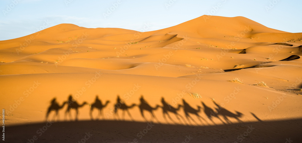 莫默祖加附近的撒哈拉沙漠中，骑着单峰骆驼的游客的影子