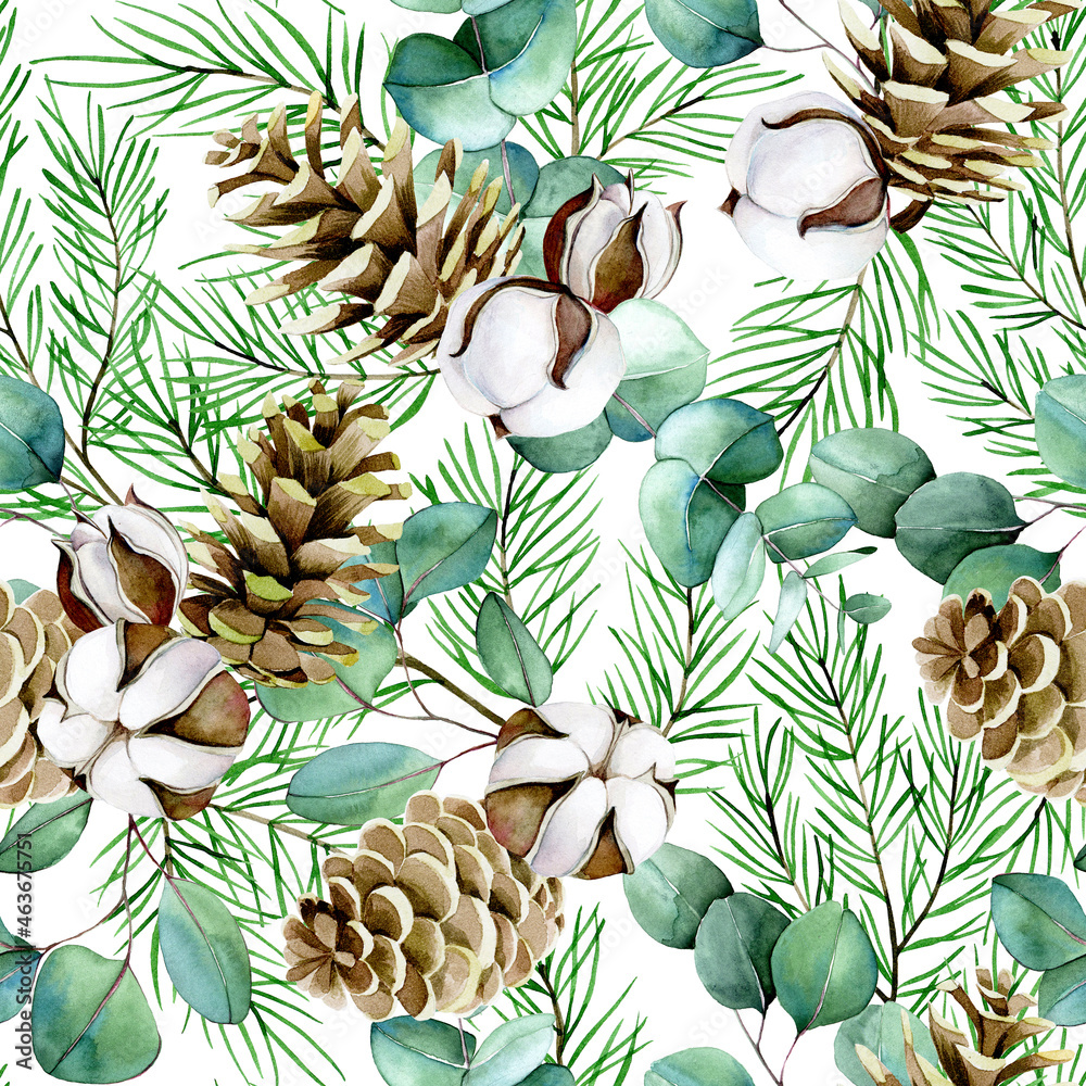watercolor seamless pattern on the theme of winter, new year, christmas. cotton flowers, eucalyptus 