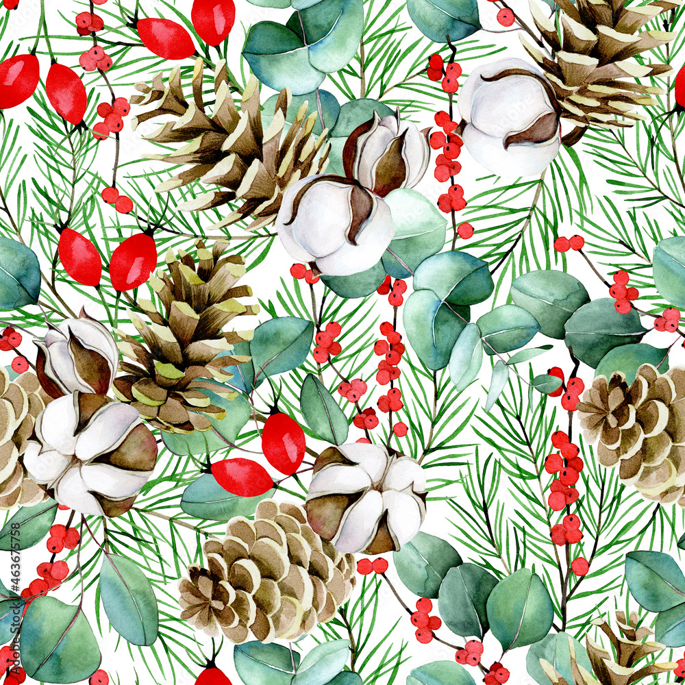 以冬天、新年、圣诞节为主题的水彩无缝图案。棉花花、桉树