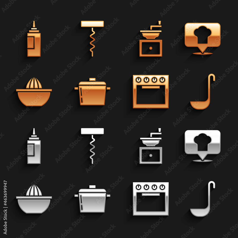 套装烹饪锅，带位置的厨师帽，厨房勺子，烤箱，柑橘榨汁机，手动咖啡gri