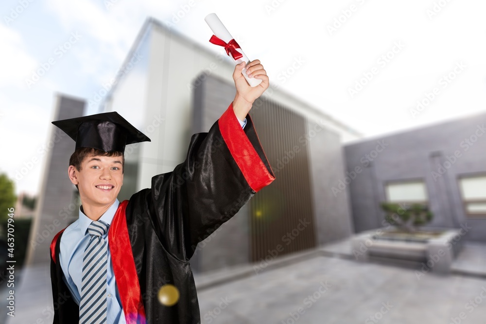 Young Graduation Man Holding Certificate on Background