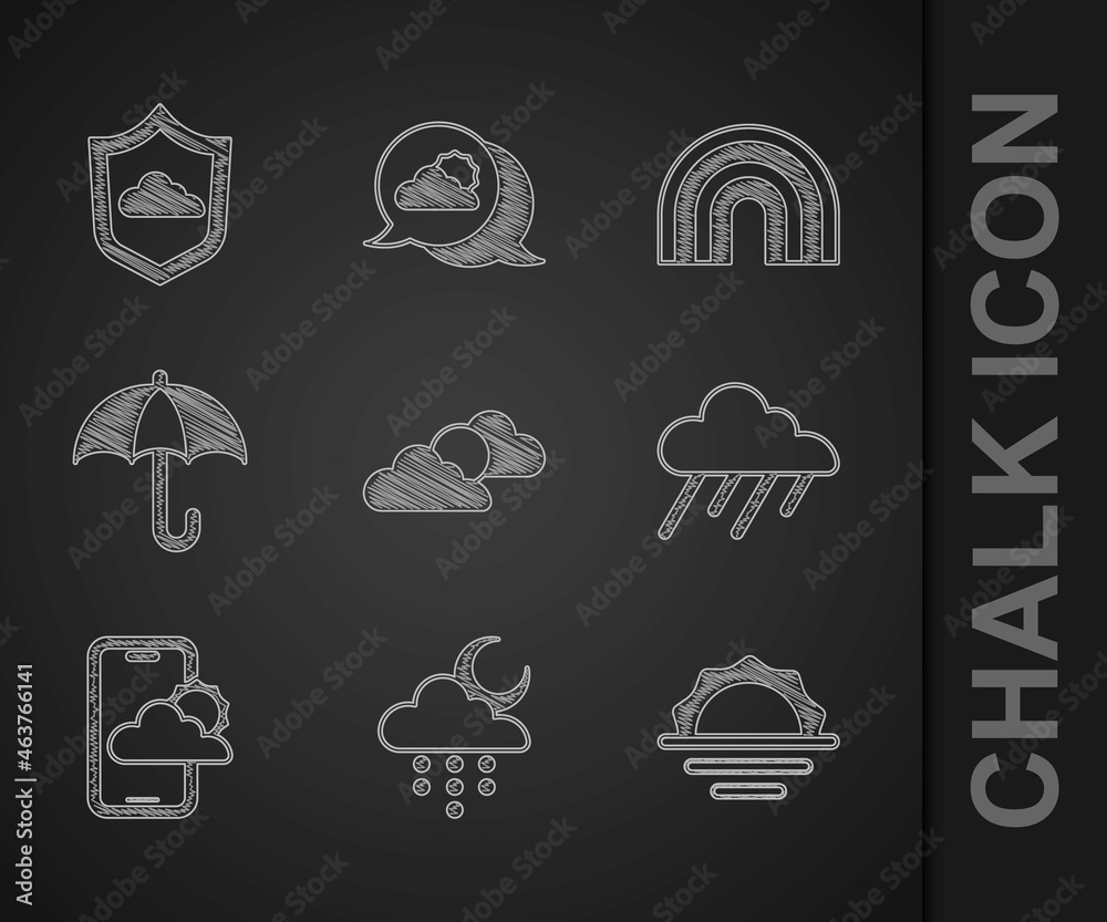 Set Sun and cloud weather, Cloud with rain moon, Sunrise, Weather forecast, Umbrella, Rainbow and ic