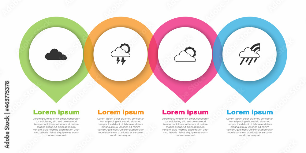 设置云、风暴、太阳和云天气以及彩虹与雨。商业信息图模板。矢量