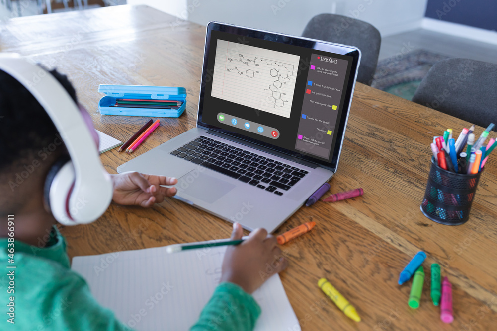 非裔美国男孩使用笔记本电脑进行视频通话，课堂在屏幕上