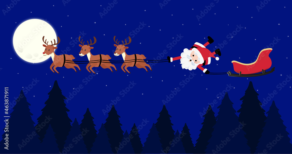 蓝色背景下，圣诞老人坐在雪橇上，驯鹿在月亮上