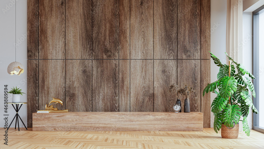 现代客厅的墙壁模型，以木墙为背景进行装饰。